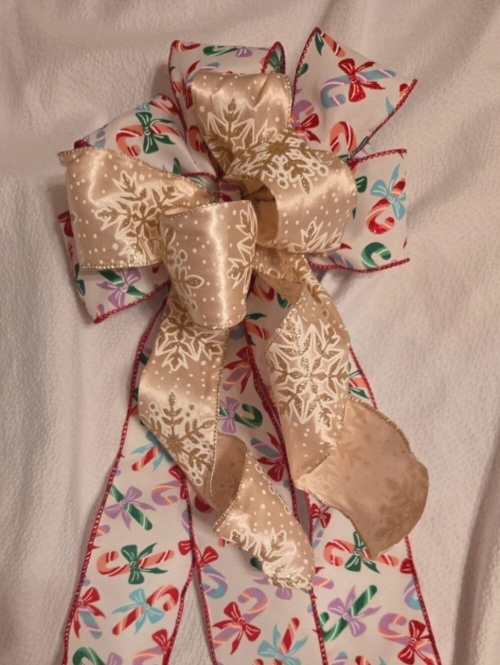 Festive Candy Cane & Gold Snowflake Decorative Bow - Home Accents